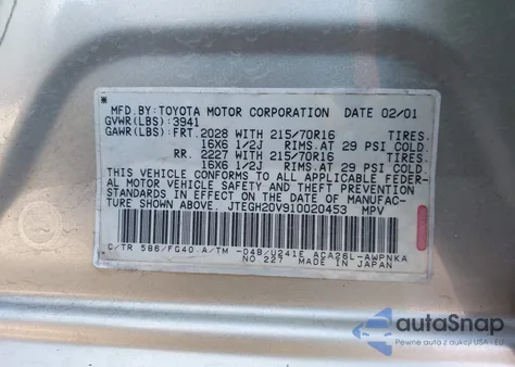 2001 Toyota Rav4 из США, поврежденный, VIN JTEGH20V910020453